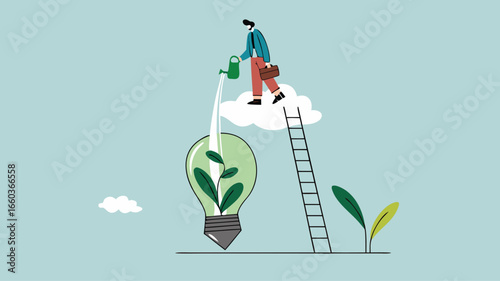 Environmental social and governance, sustainable business, industry using environmentally friendly energy or renewable energy, businessman watering sustainability light bulb vector illustration
