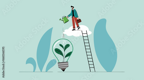 Environmental social and governance, sustainable business, industry using environmentally friendly energy or renewable energy, businessman watering sustainability light bulb vector illustration
