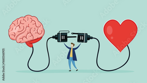 heart and brain connection, align your heart and brain, control feeling and emotion with logical thinking brain, man connect plug with heart to brain concept vector illustration with flat style design