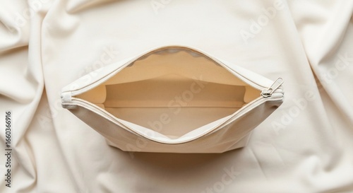 Open creamcolored pouch with a zipper lying on a creamcolored fabric with folds