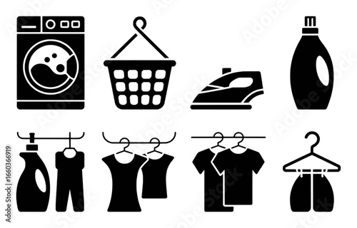 Laundry Icons: Washing Machine, Basket, Iron, Detergent, Clothes on Hangers