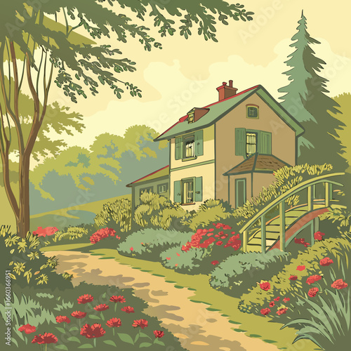 Idyllic countryside home with flower garden and bridge illustration for peaceful living and nature themed designs perfect for backgrounds