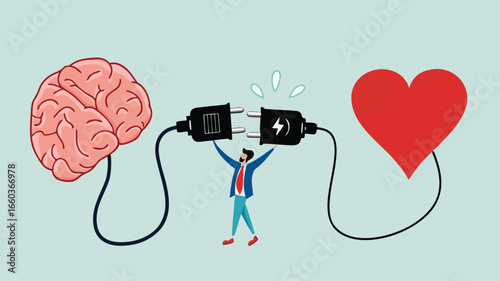 heart and brain connection, align your heart and brain, control feeling and emotion with logical thinking brain, man connect plug with heart to brain concept vector illustration with flat style design