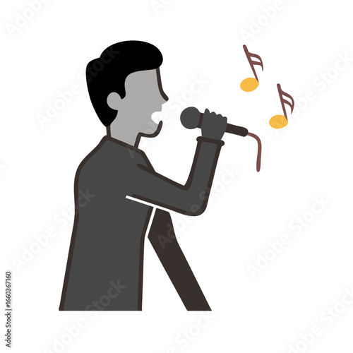 Silhouette of male singer singing, isolated icon on white background.Isolated Black Silhouette of Male Singer on White Background
