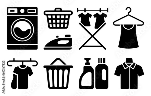 Laundry Icons: Washing Machine, Iron, Clothes, Baskets, and Detergent