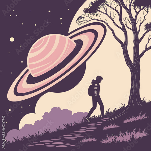 Man walking on a path with saturn in the background illustration for space travel and exploration themed designs and creative projects
