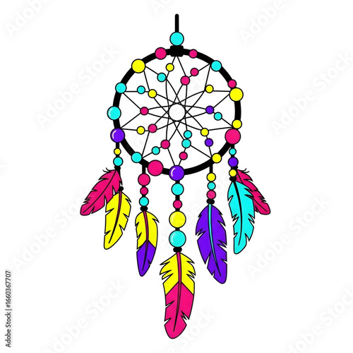 Vibrant dreamcatcher artwork showcasing a circular web design adorned with colorful beads and feathers enhancing cultural artistry and whimsical charm