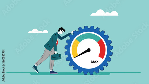 poor work performance concept illustration, laziness at work which prevents a business from developing or growing, sad businessman leaning on cogwheel gear with low productivity level meter
