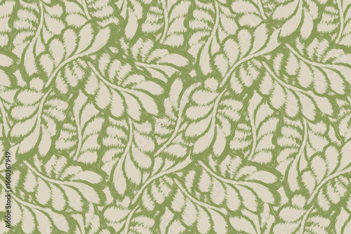 Ikat geometric folklore ornament with Botanical foliage seamless hand-drawn linen-style pattern. Organic leaf natural tone design for a throw pillow, soft furnishing. Modern green home decor. 