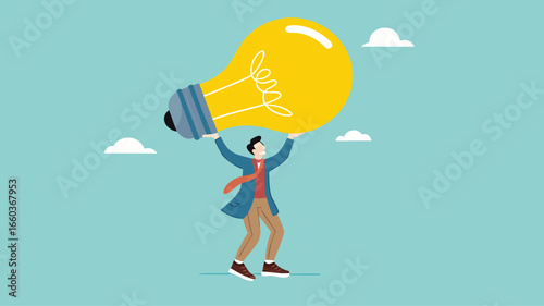 businessman bring big light bulb idea for new product idea or business opportunity, finding new idea, creativity or innovation to create new product, solution to solve problem or fix mistake concept
