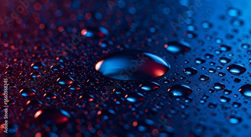 Macro water drops on a dark surface illuminated with blue and red light