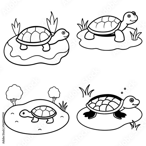 Four black and white cartoon turtles in different poses on land and in water with plants around them