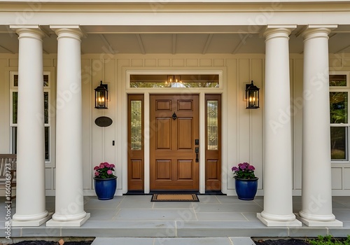 Elegant front entrance of a modern home featuring white pillars, a warm wooden door with decorative glass sidelights, and inviting outdoor lighting.