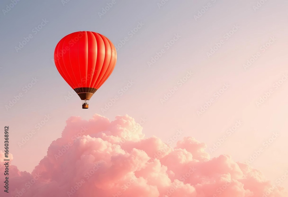 Obraz premium Bright red hot air balloon ascends above soft pink clouds; minimalist cheerful vector illustration, graphic, sunrise