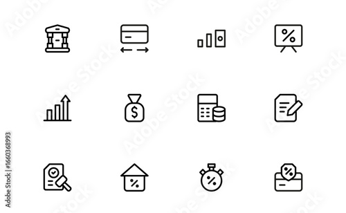 Credit, Loan, and Mortgage Icons Set – Modern Flat Linear Outline Vector Collection with Bank, Card, Money, House, Contract, Finance, Minimal Clean Pack for Web and Apps