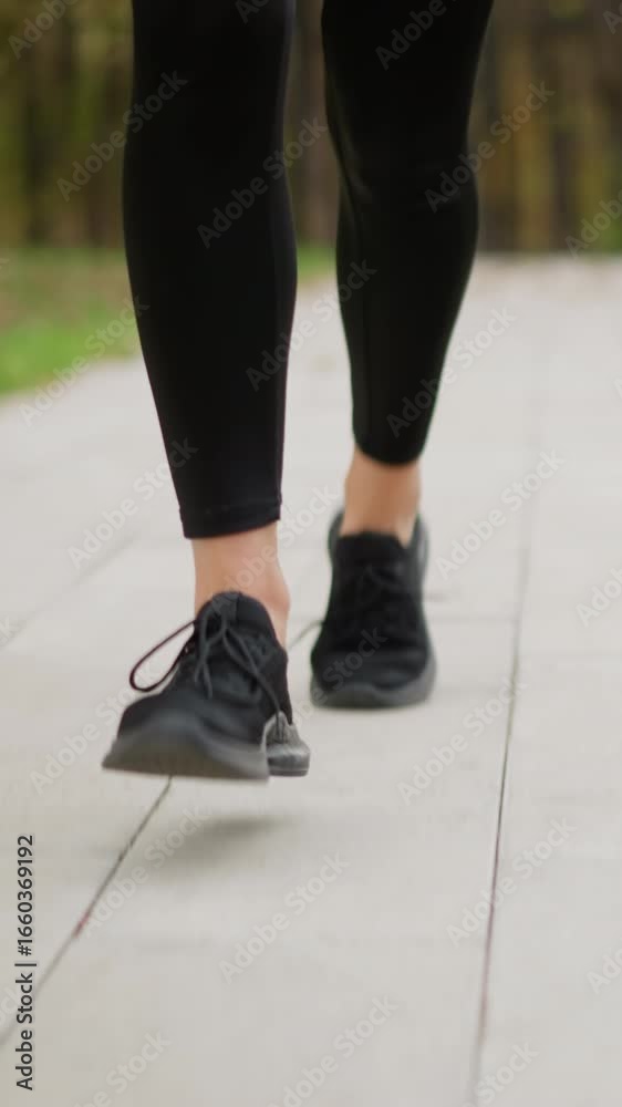 Close-up leg view of runner wearing black sneakers running on a paved track through park, blurred background of green grass, highlighting athletic movement and jogging activity Close-up leg view of runner wearing black sneakers running on a paved track through park, blurred background of green grass, highlighting athletic movement and jogging activity