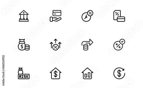 Mortgage and Credit Icon Bundle – Modern Flat Linear Outline Vector Symbols of Bank, House, Loan, Money, Card, Finance, Agreement, Minimal Pack for Web, UI, and Infographic Projects