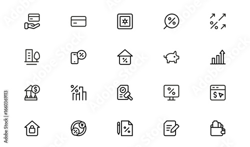 Loan, Credit, and Mortgage Vector Icons – Flat Linear Outline Collection of House, Bank, Contract, Card, Money, Agreement, Finance, Clean Pack for Apps, Websites, and Branding