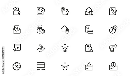 Loan and Mortgage Icons Set – Flat Linear Outline Vector Symbols Including House, Bank, Credit, Contract, Money, Agreement, Finance, Minimal Pack for Web, Apps, and Infographics