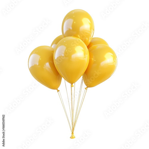 Bunch of yellow balloons clustered together with shiny surface and reflections on transparent background