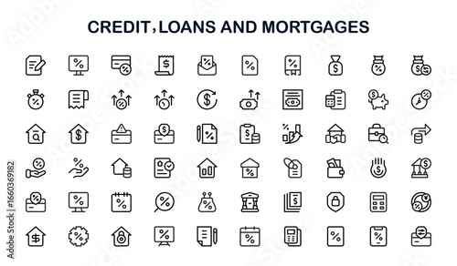 Mortgage, Credit, and Loan Icons – Flat Linear Outline Vector Collection of House, Bank, Finance, Card, Contract, Money, Agreement, Minimal Pack for Web, UI, and Infographics