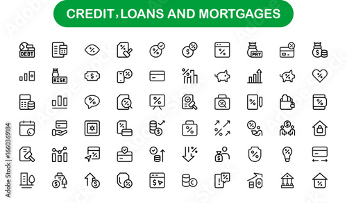 Financial Credit Icons – Flat Linear Outline Vector Set Including Loan, Mortgage, Card, Bank, House, Contract, Money, Minimal Clean Modern Collection for Apps, Web, and Infographics