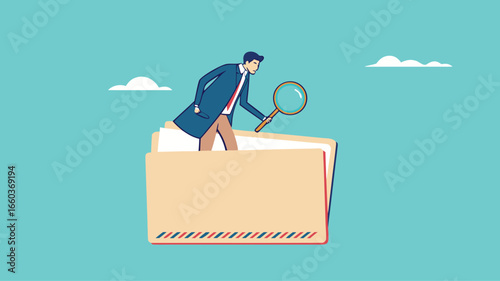 Document, search or file archive, office contract concept, research papers or documentation files, company documents archive, businessman looking for files in a document file using a magnifying glass

