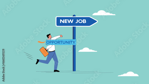 new job illustration with the concept of a businessman who is very happy towards his new job, change to new job, recruitment concept, career or opportunity, new challenge to success concept design
