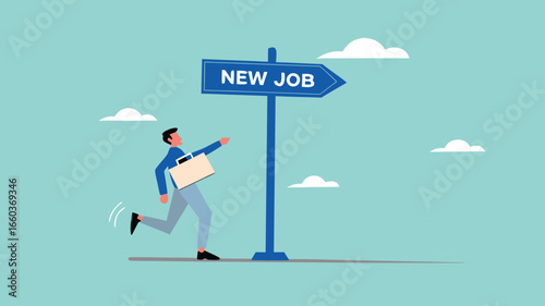 new job illustration with the concept of a businessman who is very happy towards his new job, change to new job, recruitment concept, career or opportunity, new challenge to success concept design
