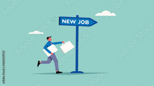 new job illustration with the concept of a businessman who is very happy towards his new job, change to new job, recruitment concept, career or opportunity, new challenge to success concept design
