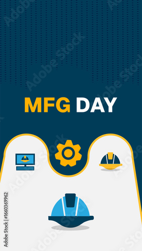 National Manufacturing Day Poster Design Template. made with Construction Worker Helmet, Creative Shapes and Industrial Icons.  Poster Banner and Digital Background for mobile responsive

