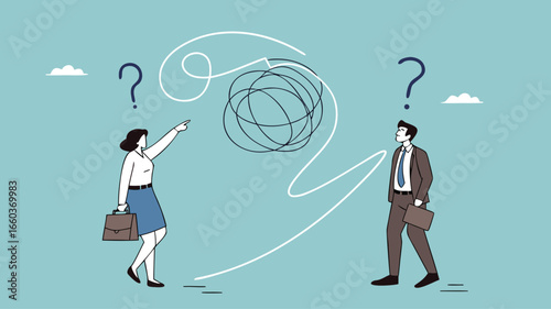 Communication problem or conflict opinion, misunderstanding or confusion, dissent or miscommunication concept, two confused work partners communicating with messy lines
