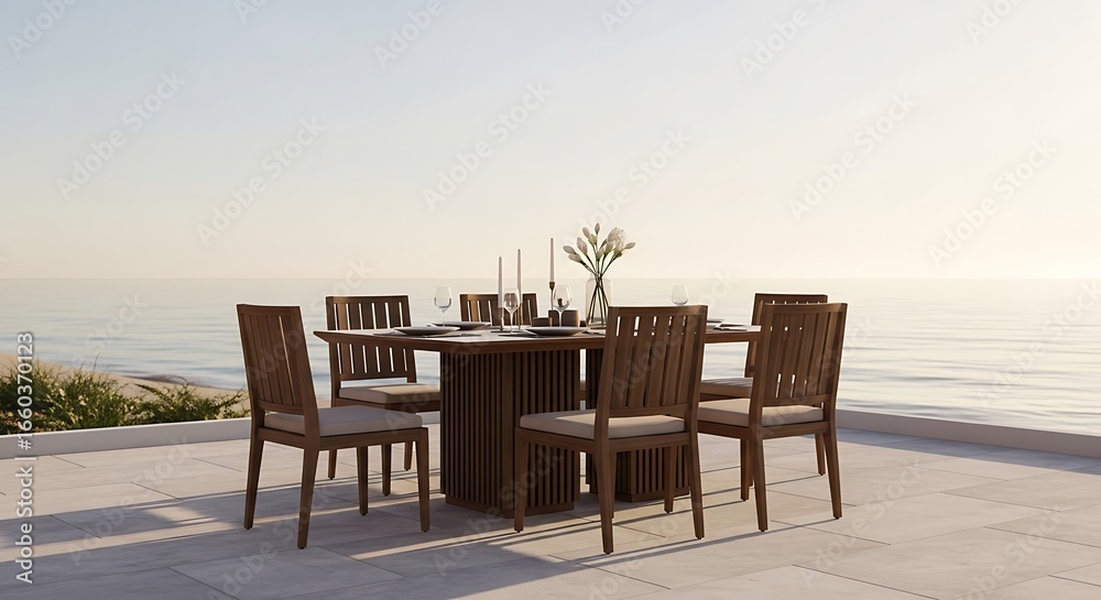 custom made wallpaper toronto digitalOutdoor dining set with chairs on a patio overlooking the ocean at sunset