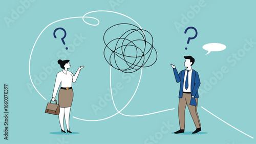 Communication problem or conflict opinion, misunderstanding or confusion, dissent or miscommunication concept, two confused work partners communicating with messy lines
