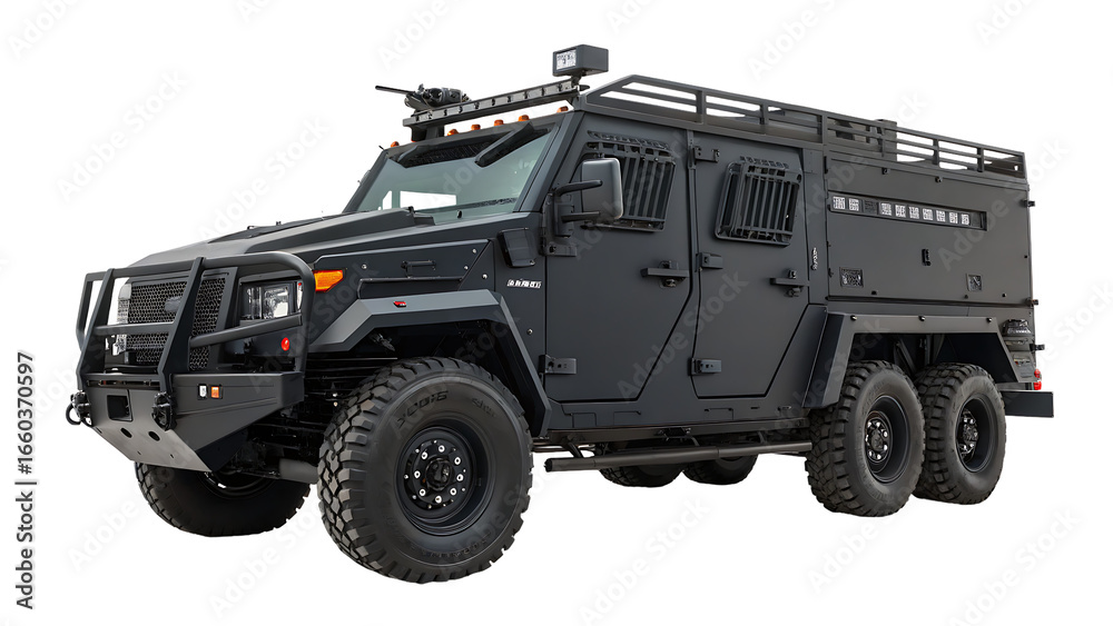 Obraz premium A heavily armored tactical vehicle designed for law enforcement and military operations, isolated on transparent background, providing maximum protection and security