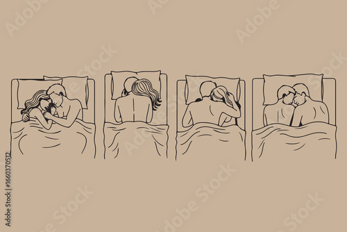 Four couples in bed embracing and sleeping in a sequential narrative