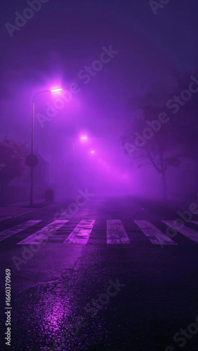 Misty Purple Night Street with Neon Lights and Crosswalk background