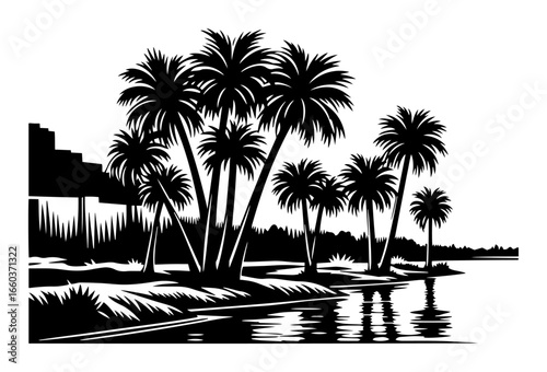 Sunlit Nile Oasis with Palm Grove – Scenic Line Art