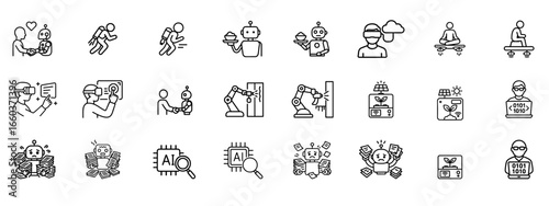 set of line icon for robotic and ai technology and editable stock for VR Cloud Connection, Robot Serving Food, Jetpack Adventure , Robotic Paperwork Struggle, Smart Plant vector illustration