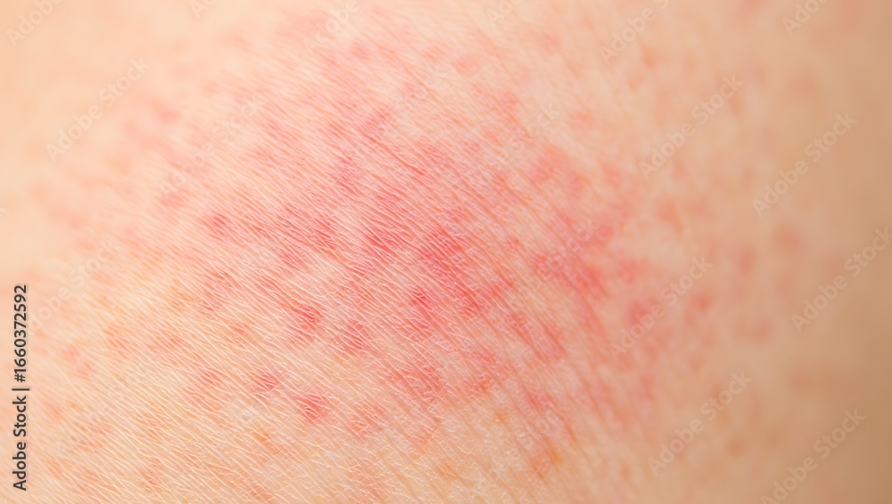 Fototapeta premium Close-up Detailed Texture of Red, Irritated Skin Showing Petechiae and Possible Allergic Reaction or Rash.