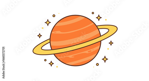 Vibrant Ringed Planet Illustration Featuring Swirling Orange Hues and Twinkling Stars in a Whimsical Celestial Display