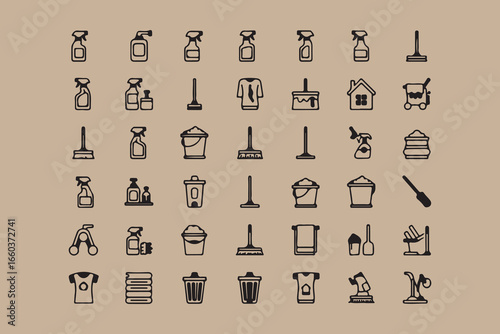 Collection of hand drawn cleaning supplies and tools icons on brown background