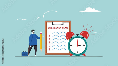 business emergency plan or strategy illustration, emergency action plan, emergency action plan when business disaster occurs, business stand with a list of emergency plans with an alarm clock beeping
