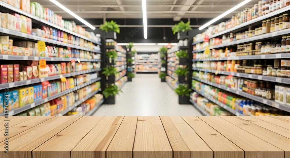 Fototapeta premium Empty wooden table in front of supermarket shelves with various products