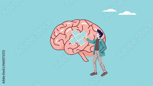 businessman treats Human Brain With Adhesive Plaster, businessman placing bandage on injury, healing or relaxation of the mind
