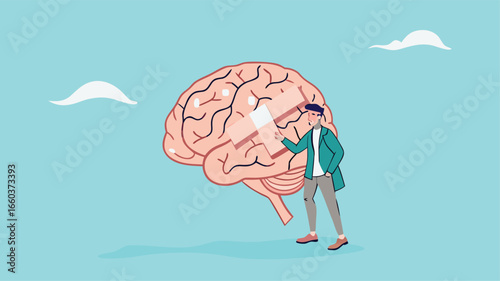 businessman treats Human Brain With Adhesive Plaster, businessman placing bandage on injury, healing or relaxation of the mind
