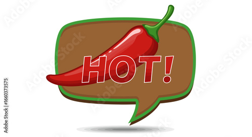 Spicy Red Chili Pepper Inside a Brown Speech Bubble with Green Border and the Word Hot Written in Red Letters a Fun and Playful Illustration Conveying Heat and Flavor
