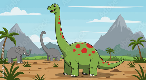 A herd of gentle giants including a tall green dinosaur with red spots and two large gray elephants wander across a prehistoric landscape beneath rugged mountains and a bright blue sky with fluffy clo