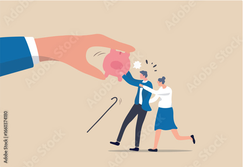 Protect retirement pension money from fraud, ponzi scheme or cost and tax that impact retiree investment fund concept, senior grandparent couple pull back their piggy bank money from thief hand.