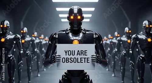 Futuristic Robot Army Holding Sign Declaring Obsolescence in Dark Metallic Corridor